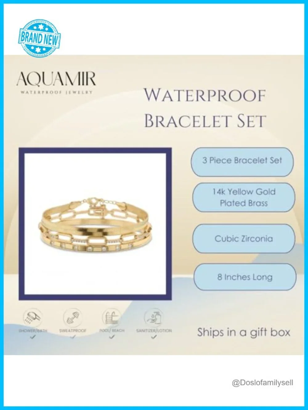 Waterproof Bracelet Set 14K Yellow Gold Plated Brass Cubic Zirconia Stackable